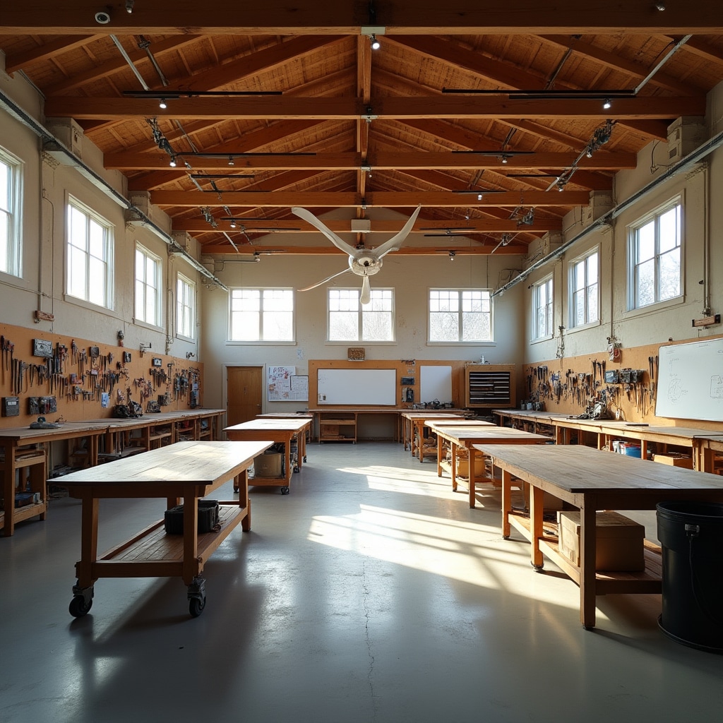 Interior del espacio de taller con bancos de trabajo y herramientas