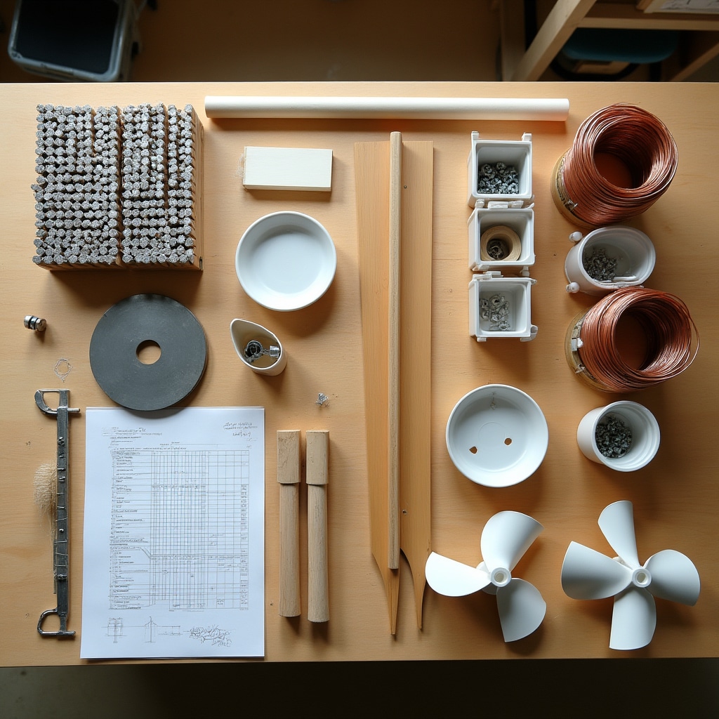 Mesa de taller con materiales organizados: madera, PVC, cables e imanes